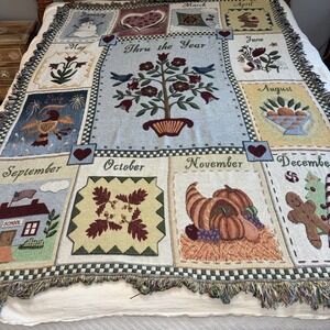 Tapestry Throw " Thru‎ The Year" Months/Seasons 52"x 72"  Small Pillow Included